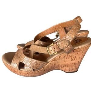 Sofft EURO Soft cork platform wedge gold strap leather sandles Sz 8.5